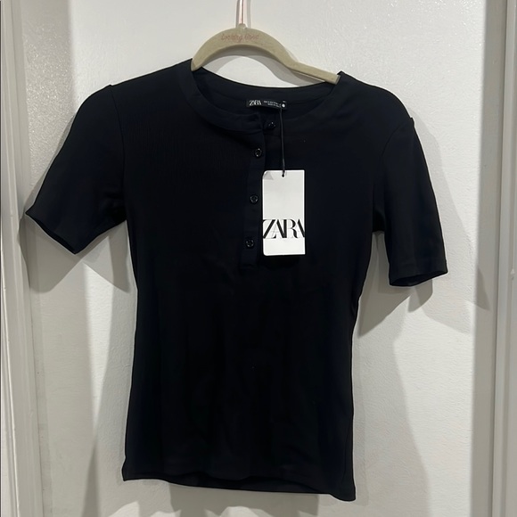 Zara Tops - Zara Black Fitted Short Sleeve Mandarin Collar Tee